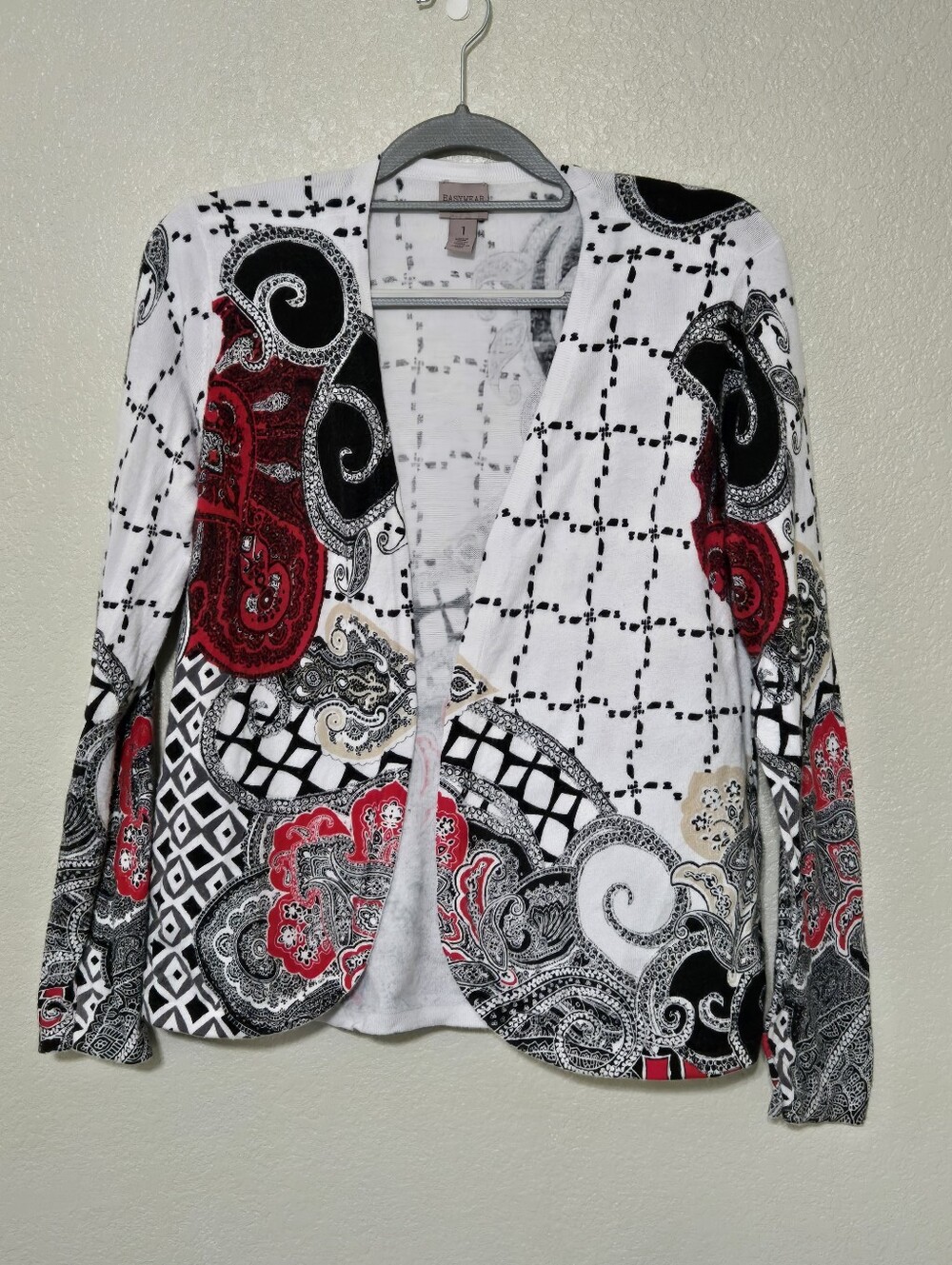 Chico's Easywear Womens Black & White Open Front Cardigan Sweater Size 1 Stretch